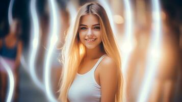 AI generated A stunning young woman with captivating light trails in the background, creating a mesmerizing visual effect. Generative AI photo