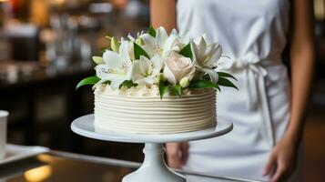 ai generado un pastel decorado con blanco flores en el mesa. generativo ai foto