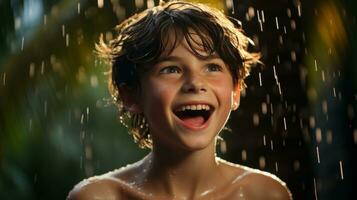 AI generated A cheerful young boy laughing heartily while enjoying getting wet. Generative AI photo