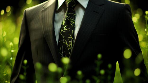AI generated A well-dressed man standing in a field, wearing a suit and tie, exuding confidence and professionalism. Generative AI photo