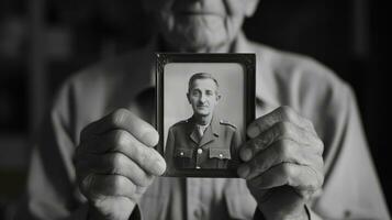 ai generado un mayor hombre sostiene un negro y blanco foto de él mismo, exhibiendo el paso de hora y recuerdos. generativo ai