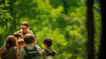 ai generado un grupo de niños explorador en un bosque rodeado por arboles y naturaleza. generativo ai foto