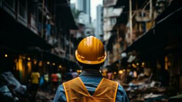 AI generated A man in a hard hat standing on a city street, overseeing construction work in progress. Generative AI photo