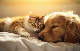 ai generado un dorado perdiguero animal con un dormido gato en cama foto