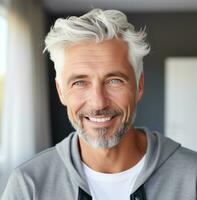 AI generated a man with silver gray hair smiles photo