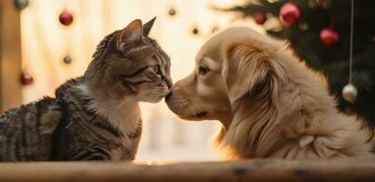 AI generated a cat and dog are kissing on christmas photo