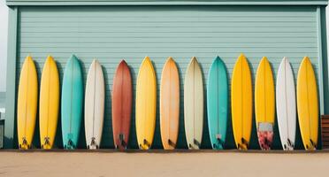 AI generated a colorful gang of surf boards is leaning against a wooden door photo