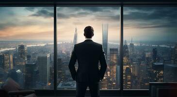 AI generated a businessman looking out over a city from a window photo