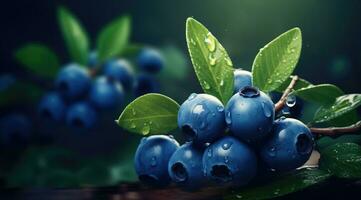 AI generated blueberries wallpaper, on dark  background photo