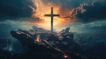 ai generado un cruzar en un isla con nubes rodeando eso y el Dom detrás eso foto