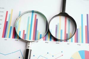 Magnifying glass on charts graphs paper. Financial development, Banking Account, Statistics, Investment Analytic research data economy. photo