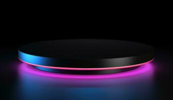AI generated black circular pedestal with colorful lights on the black background photo