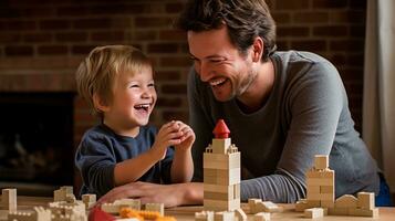 ai generado papá y hijo disfrutar calidad hora con ladrillos, risa, alegría, y blanco espacio para texto foto