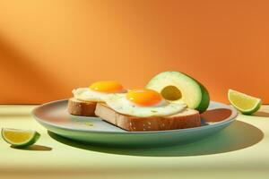 AI generated avocado on toast and eggs on orange slices on a white plate photo