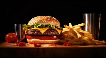 AI generated burger and fries with ketchup on a wooden board photo