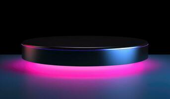 AI generated black circular pedestal with colorful lights on the black background photo