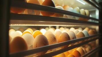 AI generated a photo showing eggs on trays in an open refrigerator