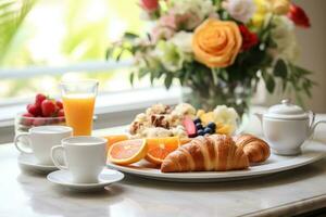 AI generated A gourmet morning spread, pastries, fresh fruits, and inviting coffee, plus generous copy space photo