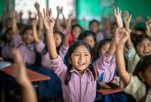 AI generated children are raising their hands in a classroom photo