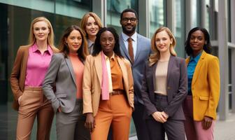 AI generated colorful business team standing in front of office photo