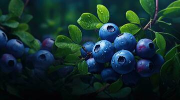 AI generated blueberries wallpaper, on dark  background photo