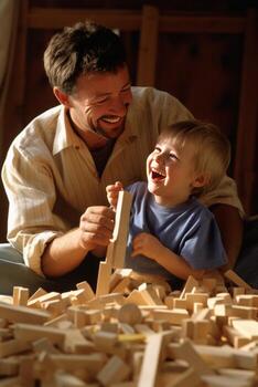 AI generated Dad and son building together, a delightful moment captured, with room for your message photo