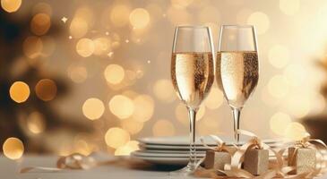 AI generated champagne flutes and present at the christmas table photo