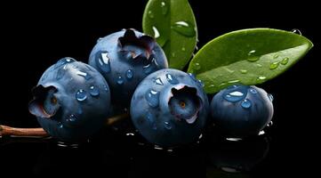 AI generated blueberries on a black background photo