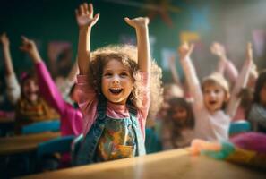 AI generated children are raising their hands in a classroom photo