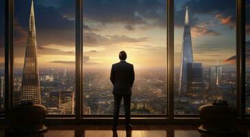 AI generated businessman admiring skyline at london photo