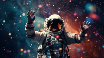 AI generated Astronaut in vivid space, surrounded by stars and planets, offering cosmic copy space photo