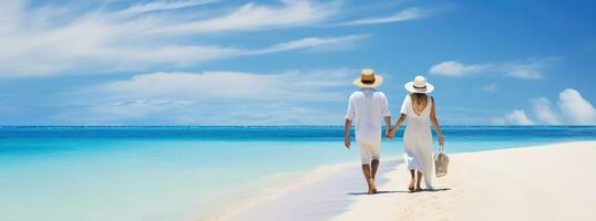 AI generated couple walking on a tropical white sandy beach photo