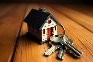 AI generated Property access House key with keychain on textured wooden background photo