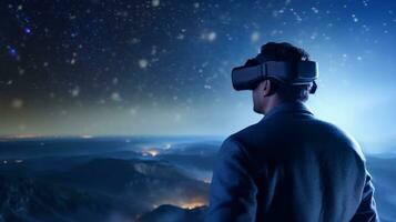 AI generated A man wearing a VR headset gazes at the stars, immersed in a virtual reality experience. Generative AI photo
