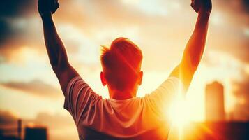 AI generated A man with his hands up symbolizing victory against the city at sunset. Generative AI photo
