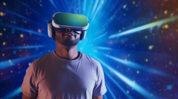 AI generated A man immersed in virtual reality with a headset on, experiencing a digital world. Generative AI photo