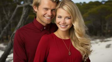 ai generado un Pareja en rojo camisas sonriente para un fotografía. generativo ai foto