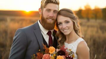 AI generated A bride and groom smiling, standing close together in a field, capturing a beautiful moment on their wedding day. Generative AI photo