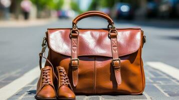 AI generated A trendy pair of brown leather shoes and a matching bag found on the street. Generative AI photo