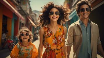 AI generated A family strolling on a street lined with vibrant buildings. Generative AI photo