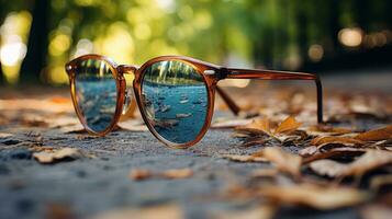 ai generado Gafas de sol acostado en caído hojas en el la carretera en otoño. generativo ai foto