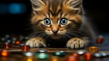 AI generated A cute kitten sitting on a table surrounded by colorful stones. Generative AI photo