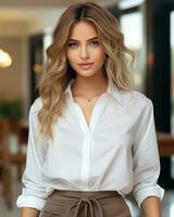 AI generated A stunning blonde woman wearing a white shirt and brown skirt. Generative AI photo