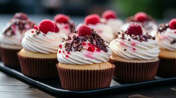 AI generated Cupcakes with rich chocolate frosting and fresh raspberries on top, creating a delightful and tempting treat. Generative AI photo