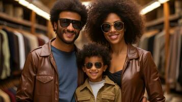 ai generado un familia molesto en Gafas de sol en un ropa almacenar, disfrutando su hora juntos mientras compras generativo ai foto