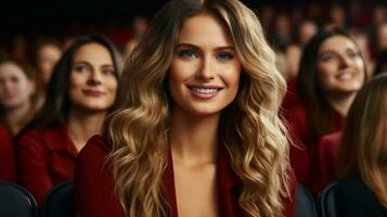 AI generated A stunning woman in red sits among the audience, captivated by the event. Generative AI photo