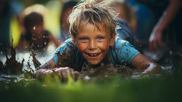 AI generated A young boy joyfully playing in the mud, covered from head to toe, with a big smile on his face. Generative AI photo