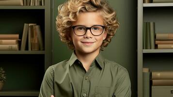 AI generated A young boy with glasses and a green shirt. Generative AI photo