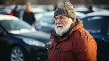 AI generated An elderly man with a beard and glasses standing in front of parked cars. Generative AI photo