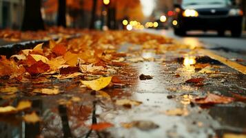 ai generado otoño hojas son dispersado en el mojado suelo, brillante en el lluvia. generativo ai foto